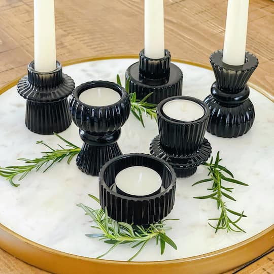 Kate Aspen&#xAE; Assorted Vintage Ribbed Black Glass Candlestick Candle Holder Set